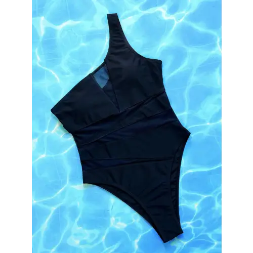 Sleek Black One-Shoulder Sleeveless One-Piece Swimsuit