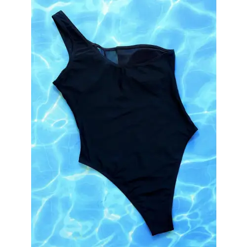 Sleek Black One-Shoulder Sleeveless One-Piece Swimsuit