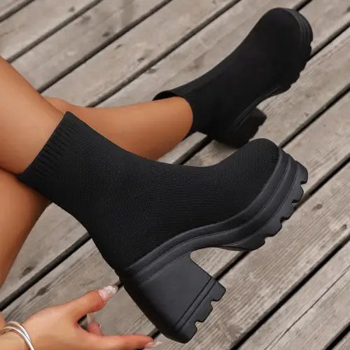 Sleek Black Round Toe Block Heel Boots