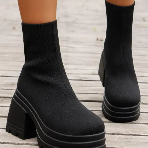 Sleek Black Round Toe Block Heel Boots