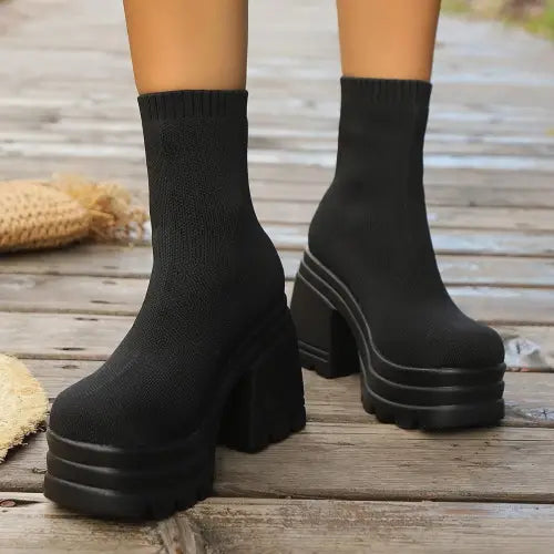 Sleek Black Round Toe Block Heel Boots