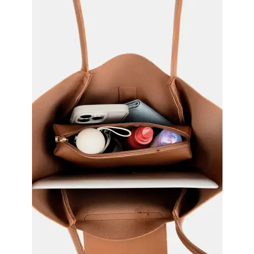 Sleek Brown Leather Shoulder Bag with Pouch for Everyday Style