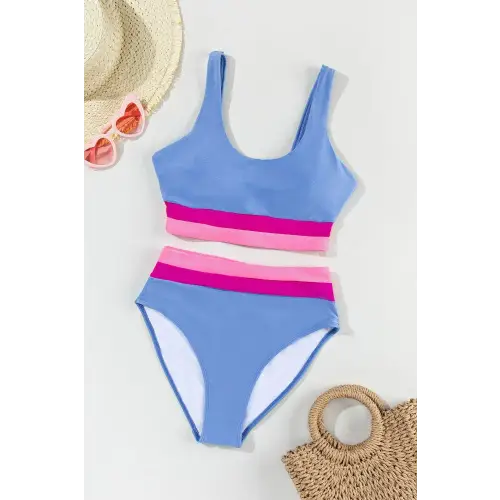 Sleek Contrast Scoop Neck Two-Piece Swim Set for Summer Fun