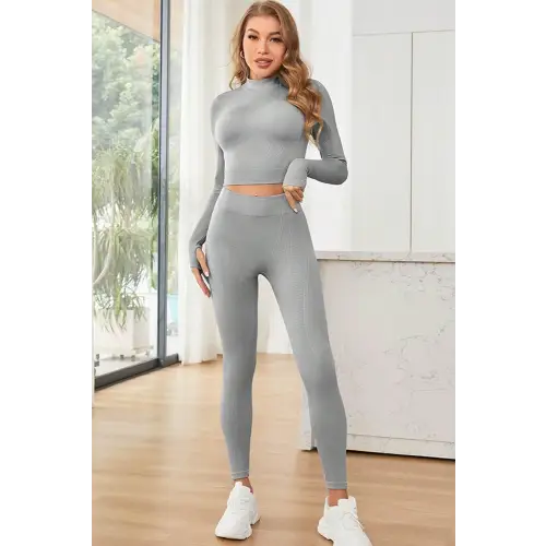 Mock Neck Long Sleeve Top and Leggings Active Set - Light Gray / S - CynthiaMonica CM