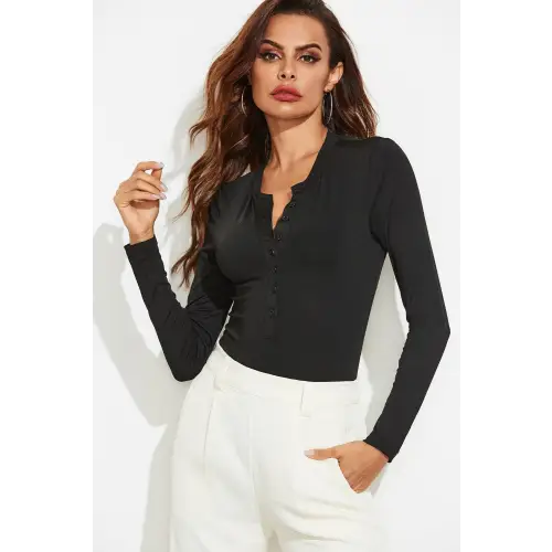 Sleek Half Button Round Neck Long Sleeve Bodysuit