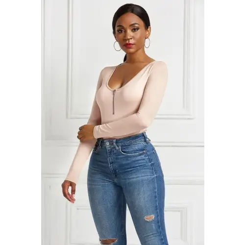 Half Zip Scoop Neck Long Sleeve Bodysuit - CM Fashion