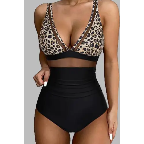 Leopard V-Neck Wide Strap One-Piece Swimwear - CM Fashion