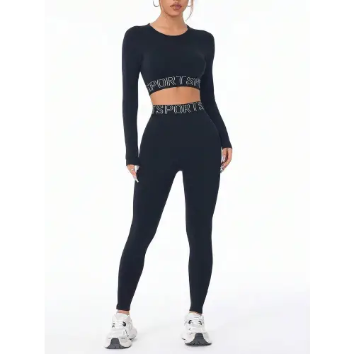 Letter Print Round Neck Long Sleeve Top and Leggings Active Set - Black / S - CynthiaMonica CM