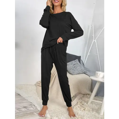 Shiny Round Neck Top and Drawstring Pants Lounge Set - CM