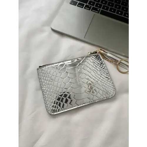 Sleek Silver Snakeskin Leather Tassel Trim Card Case Clutch
