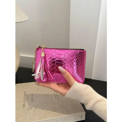 Sleek Silver Snakeskin Leather Tassel Trim Card Case Clutch