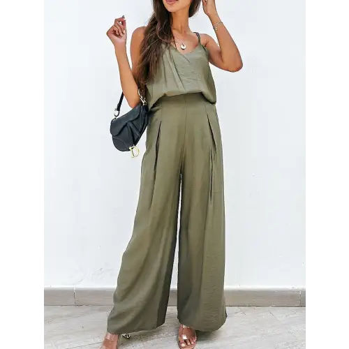 Sleek Spaghetti Strap Cami and Wide Leg Pants Set for Night