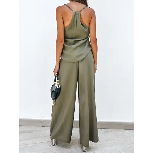 Sleek Spaghetti Strap Cami and Wide Leg Pants Set for Night