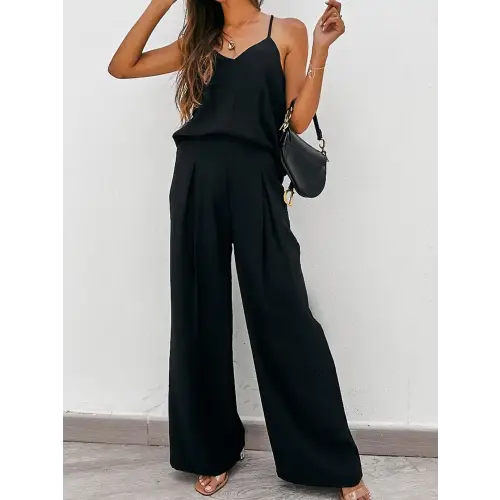 Sleek Spaghetti Strap Cami and Wide Leg Pants Set for Night