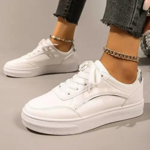 PU Leather Round Toe Flat Sneakers - CM Fashion