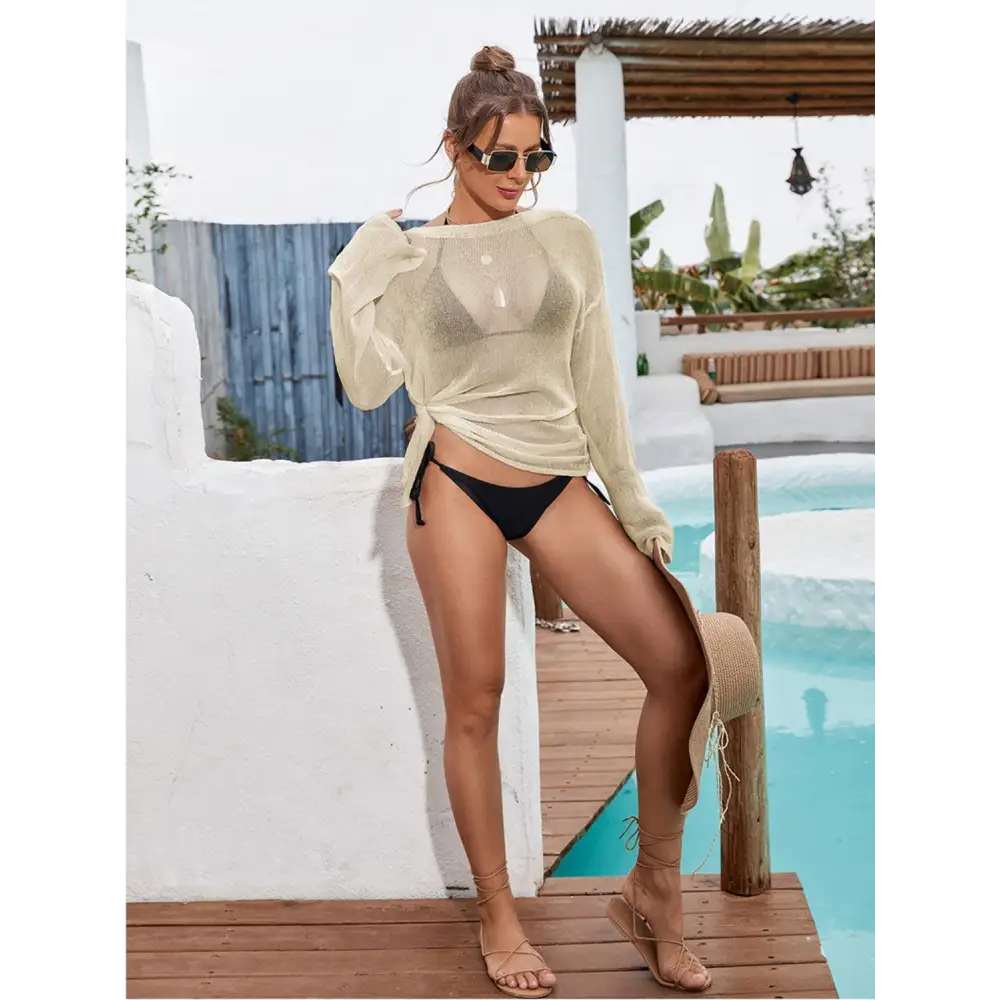 Elegant Slit Boat Neck Dropped Shoulder Cover-Up for Beach Glamour