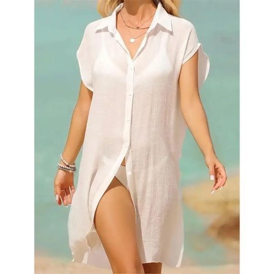 Slit Button Up Short Sleeve Cover-Up - CM Fashion