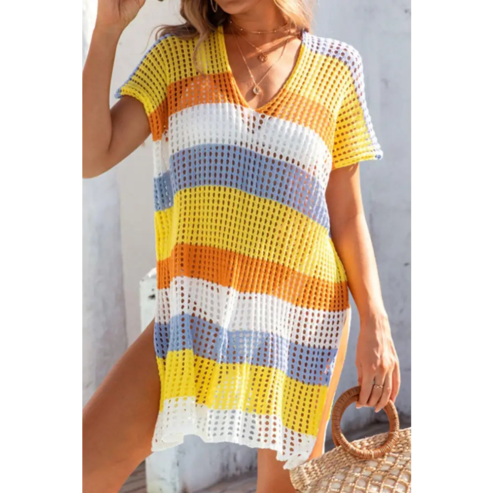 Vibrant Slit Color Block V-Neck Cover-Up for Beach Chic