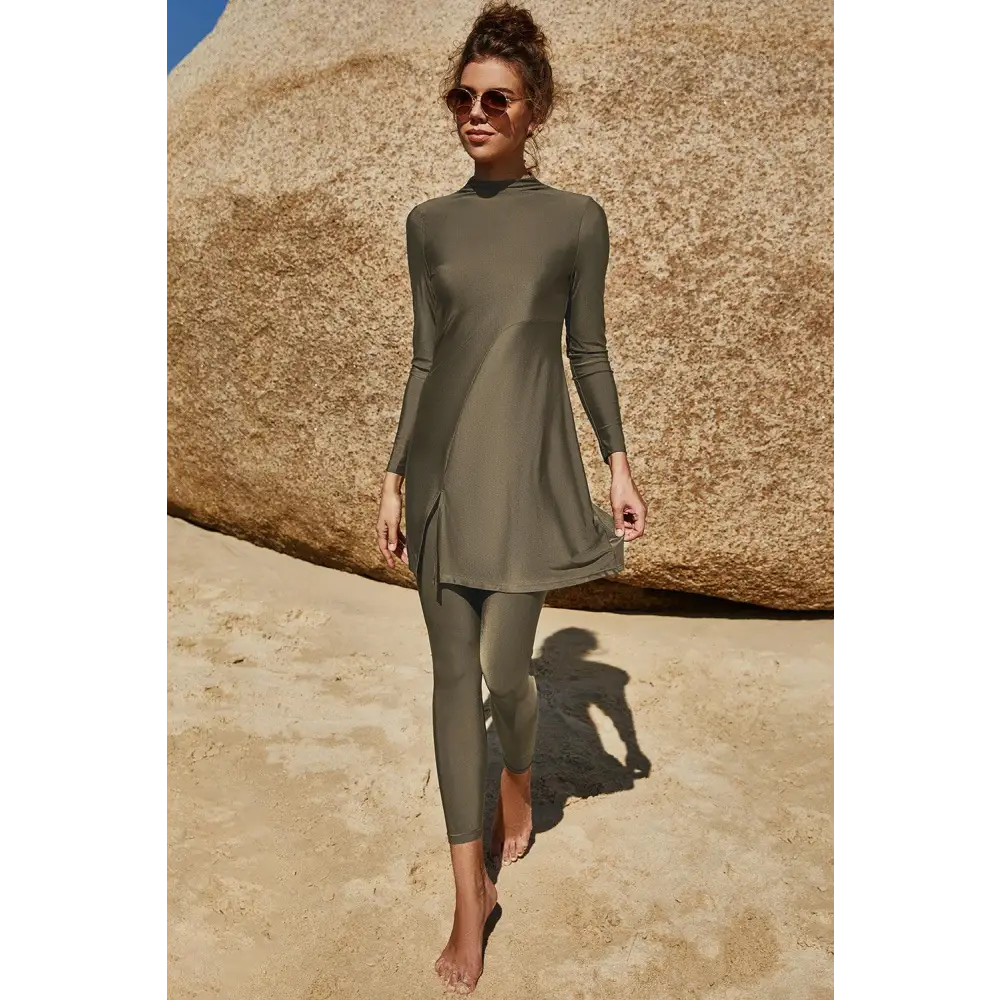 Slit Mock Neck Long Sleeve Top and Pants Swim Set