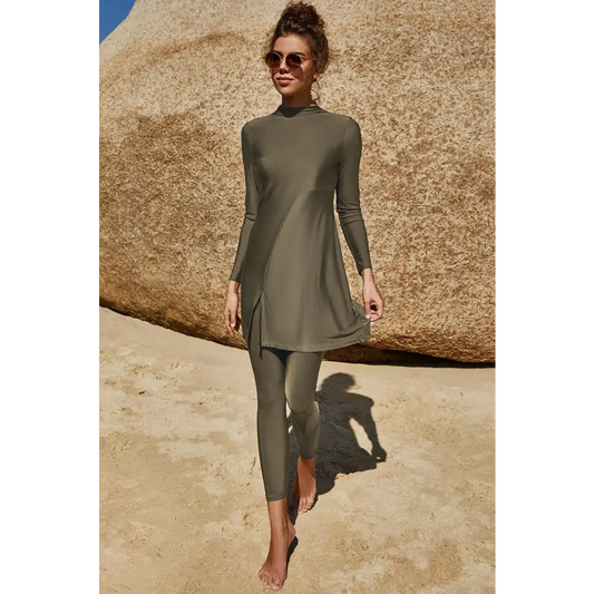 Slit Mock Neck Long Sleeve Top and Pants Swim Set - CM Fashion