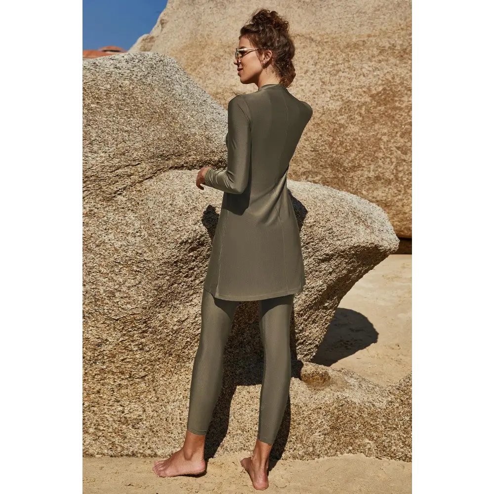 Slit Mock Neck Long Sleeve Top and Pants Swim Set