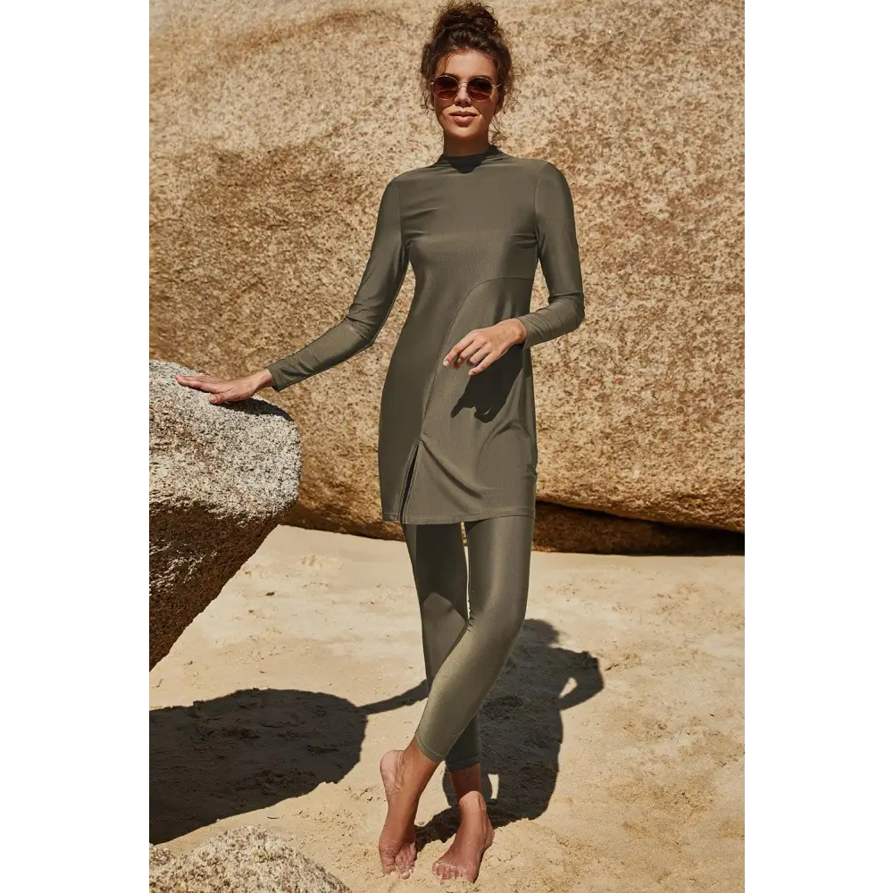 Slit Mock Neck Long Sleeve Top and Pants Swim Set