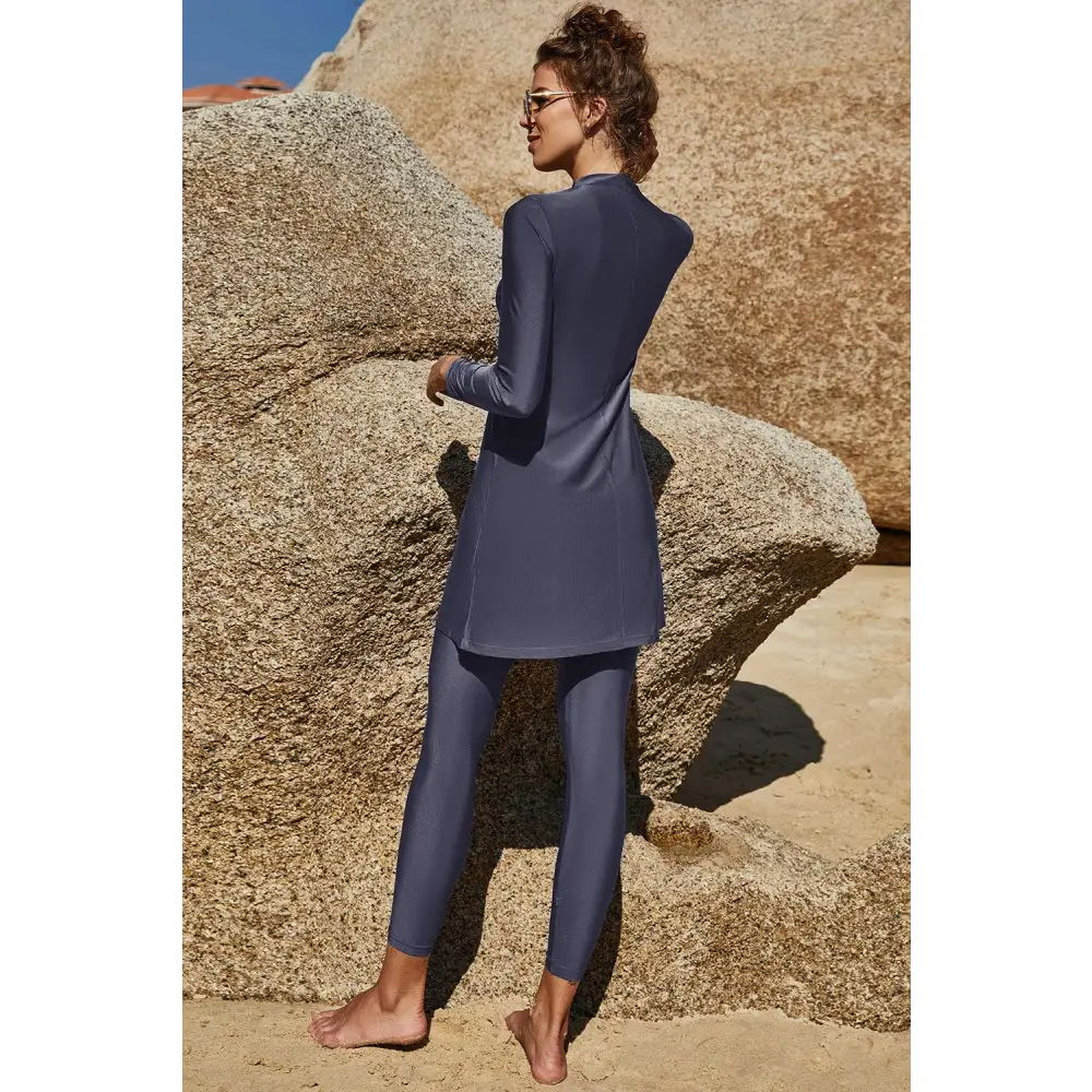 Slit Mock Neck Long Sleeve Top and Pants Swim Set