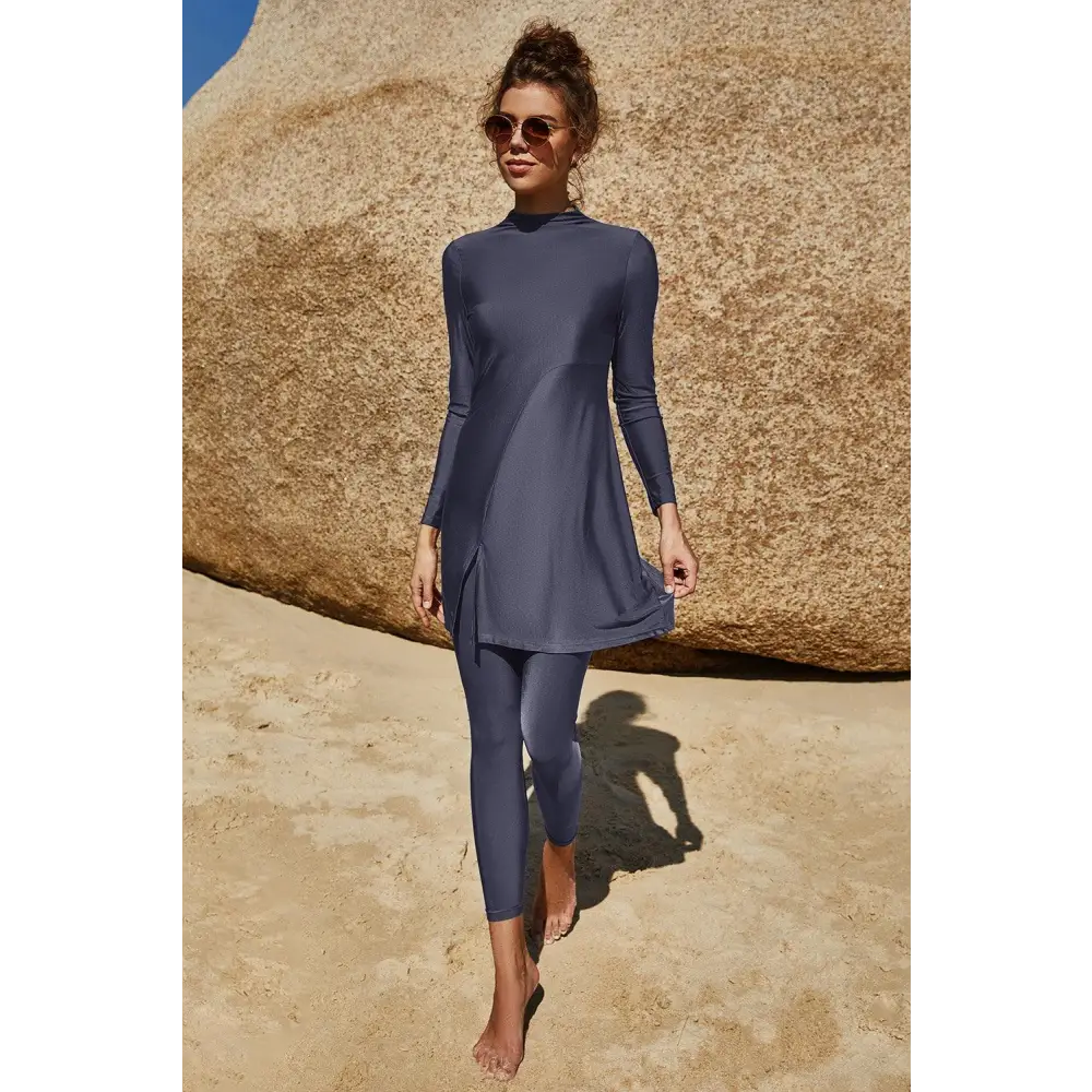 Slit Mock Neck Long Sleeve Top and Pants Swim Set