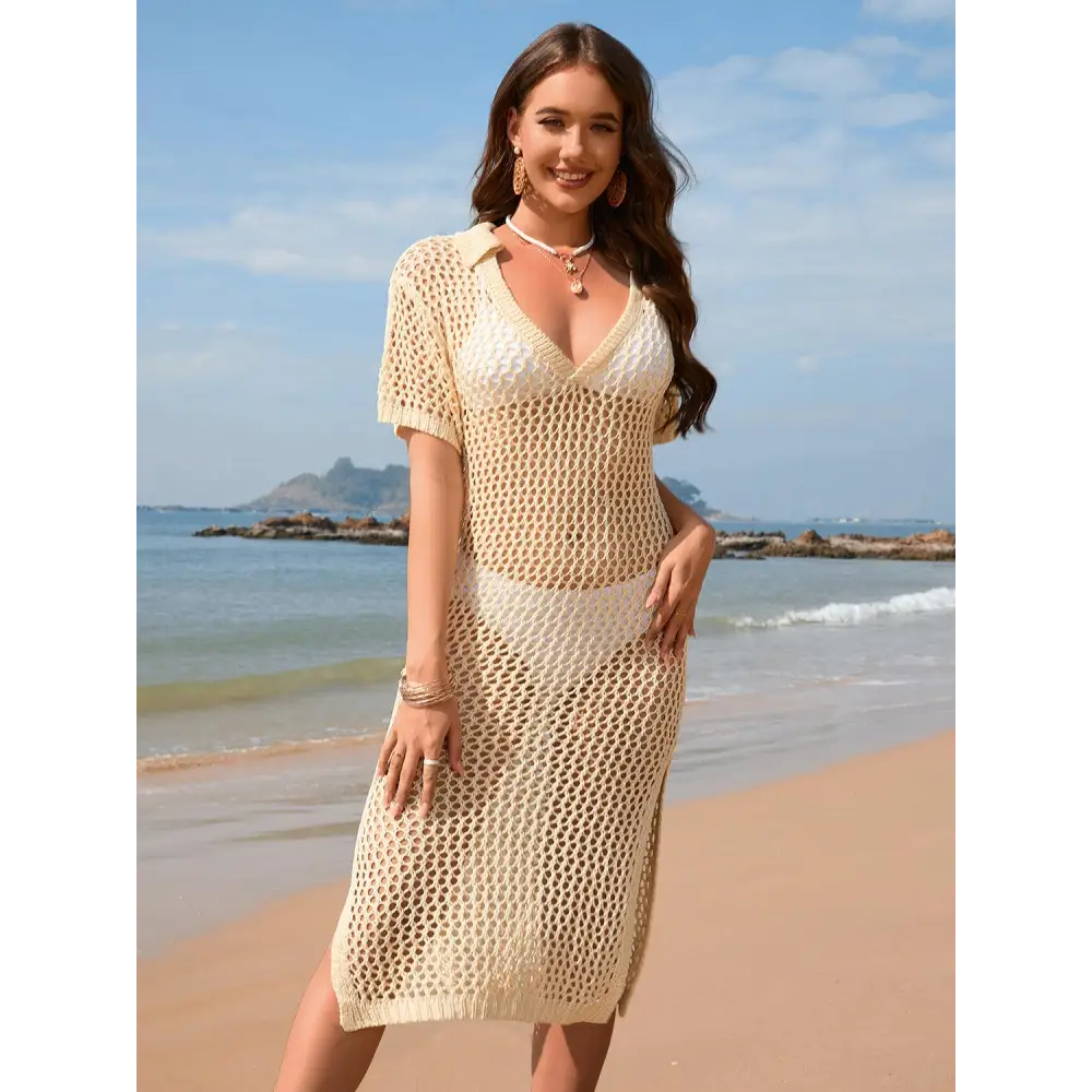 Sizzling Slit Openwork Johnny Collar Crochet Beach Cover-Up