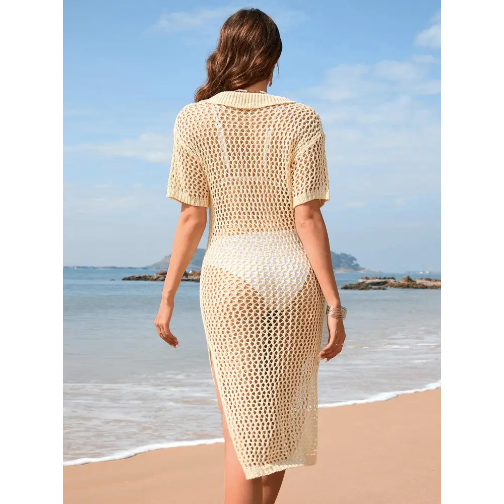 Sizzling Slit Openwork Johnny Collar Crochet Beach Cover-Up