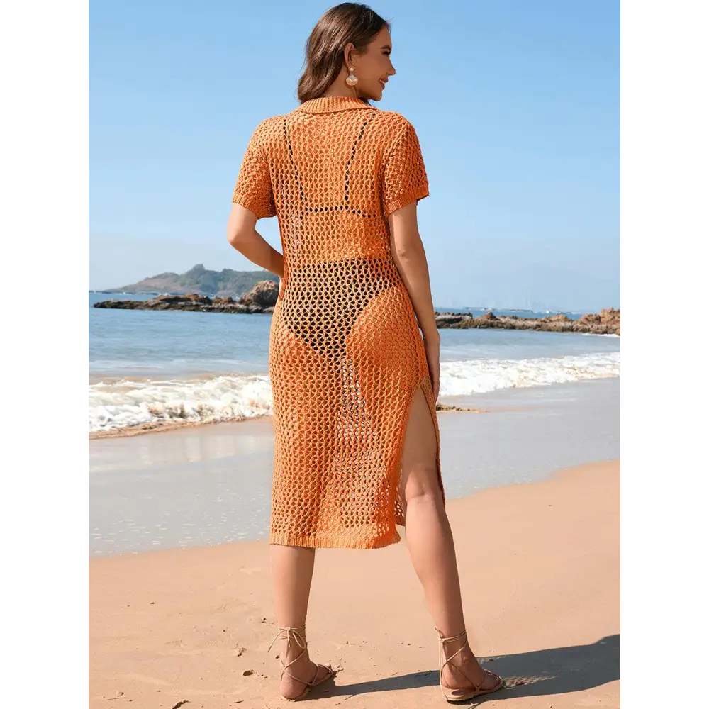 Sizzling Slit Openwork Johnny Collar Crochet Beach Cover-Up