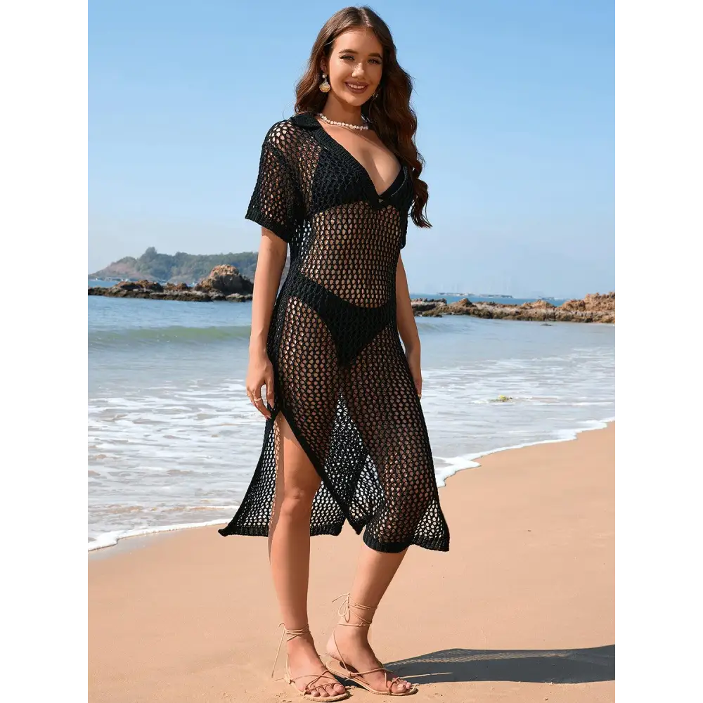 Sizzling Slit Openwork Johnny Collar Crochet Beach Cover-Up