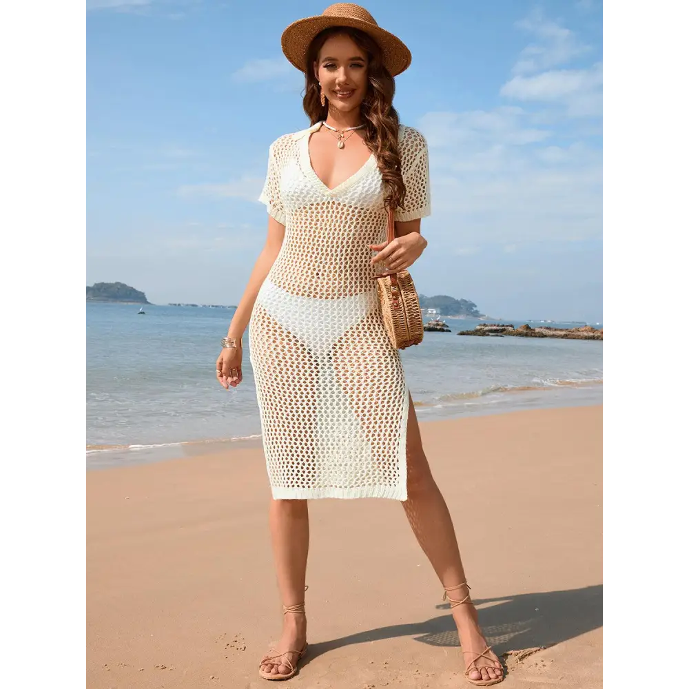 Sizzling Slit Openwork Johnny Collar Crochet Beach Cover-Up