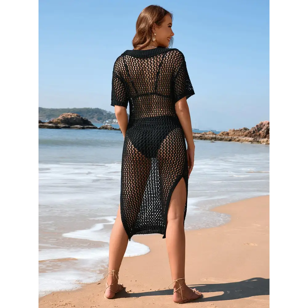 Sizzling Slit Openwork Johnny Collar Crochet Beach Cover-Up