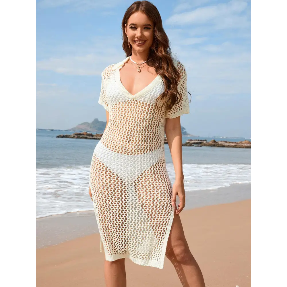 Sizzling Slit Openwork Johnny Collar Crochet Beach Cover-Up