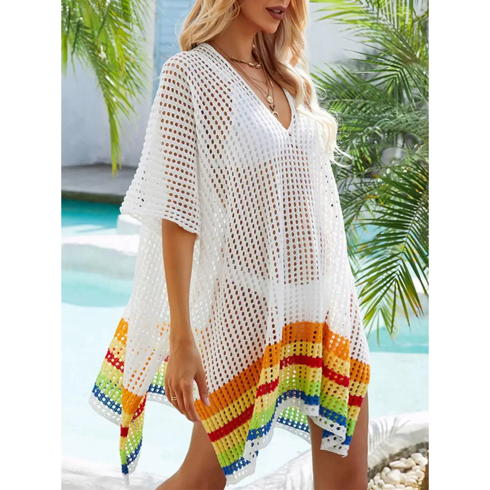 Vibrant Slit Openwork V-Neck Half Sleeve Crochet Beach Cover-Up