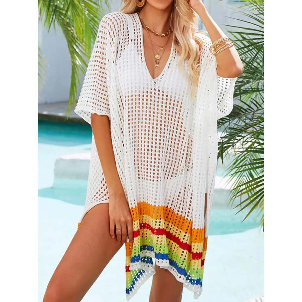 Vibrant Slit Openwork V-Neck Half Sleeve Crochet Beach Cover-Up