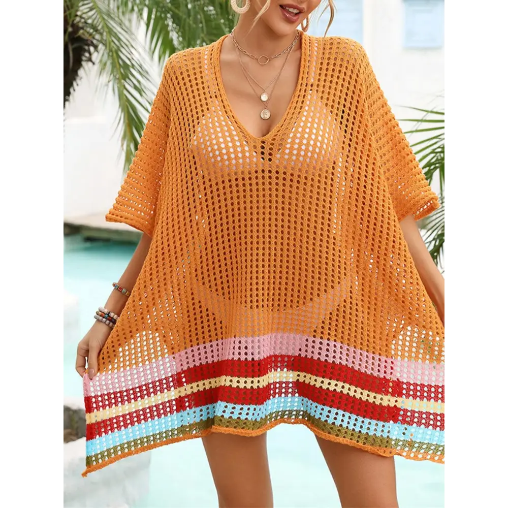 Vibrant Slit Openwork V-Neck Half Sleeve Crochet Beach Cover-Up