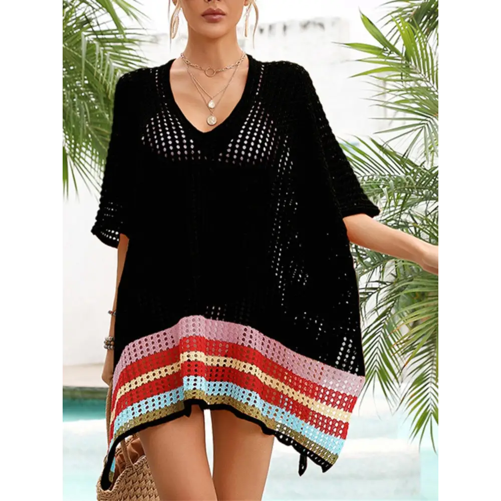 Vibrant Slit Openwork V-Neck Half Sleeve Crochet Beach Cover-Up