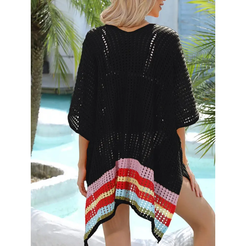 Vibrant Slit Openwork V-Neck Half Sleeve Crochet Beach Cover-Up