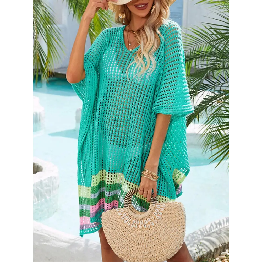 Vibrant Slit Openwork V-Neck Half Sleeve Crochet Beach Cover-Up