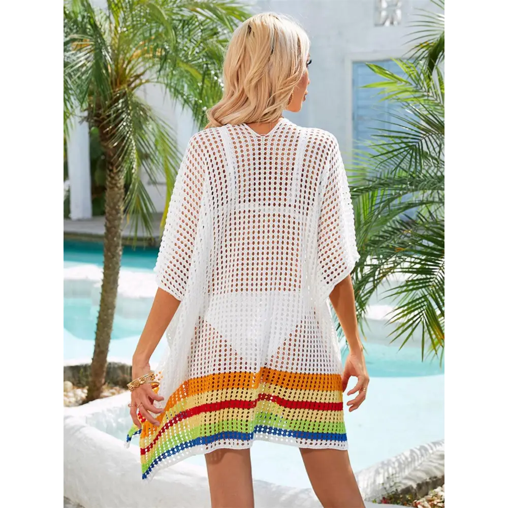 Vibrant Slit Openwork V-Neck Half Sleeve Crochet Beach Cover-Up