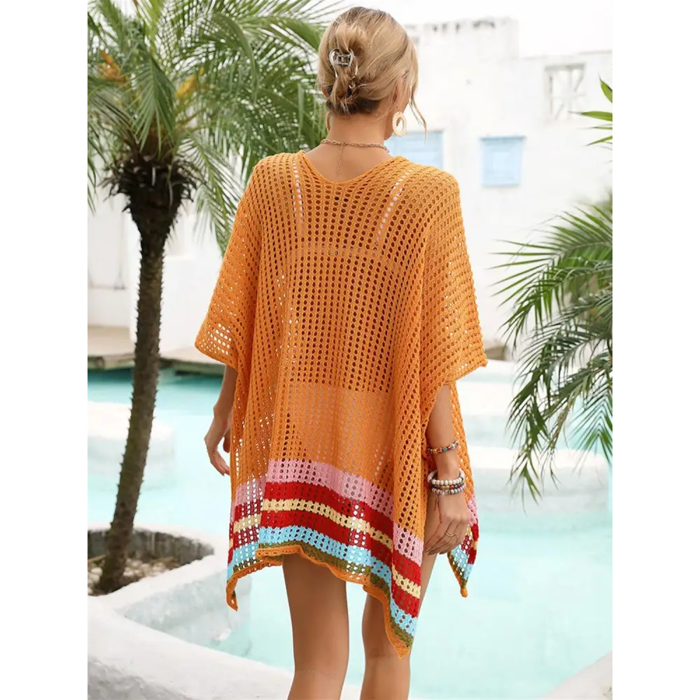 Vibrant Slit Openwork V-Neck Half Sleeve Crochet Beach Cover-Up