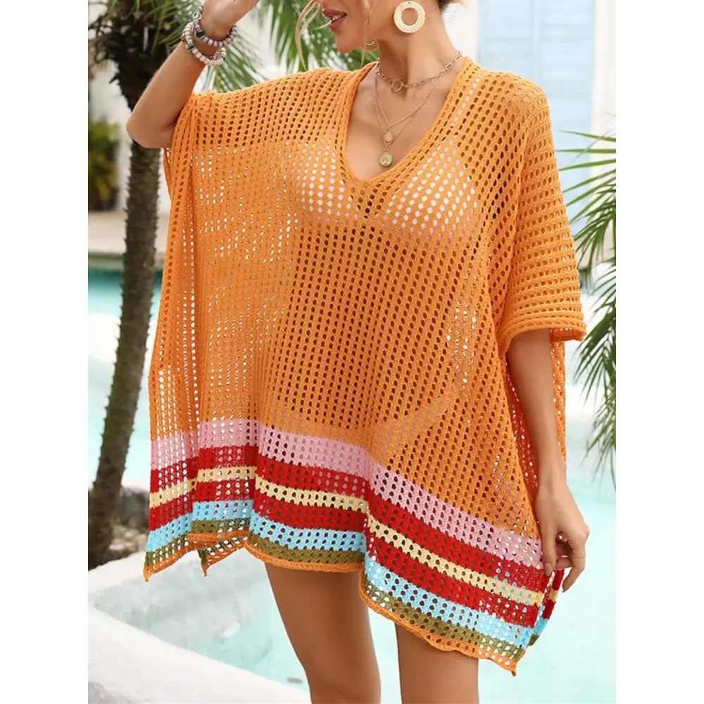 Vibrant Slit Openwork V-Neck Half Sleeve Crochet Beach Cover-Up