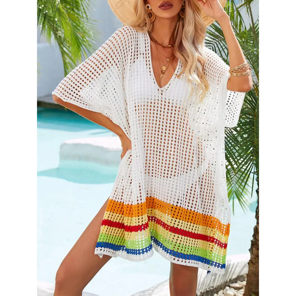 Vibrant Slit Openwork V-Neck Half Sleeve Crochet Beach Cover-Up