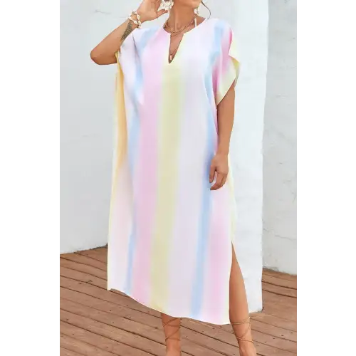 Slit Striped Notched Short Sleeve Cover Up - CM Fashion