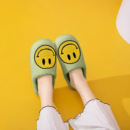 Snuggle Up in Adorable Green Smiley Face Cozy Slippers