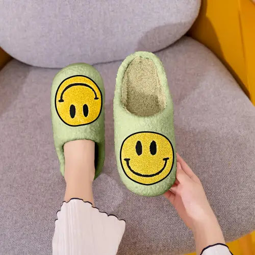 Snuggle Up in Adorable Green Smiley Face Cozy Slippers