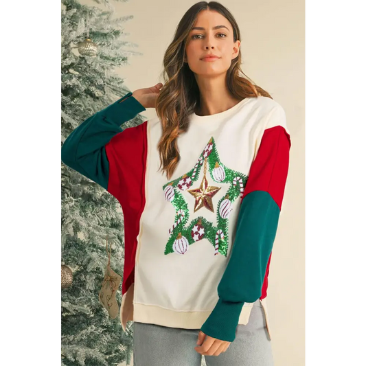 Sparkle in the Apricot Sequin Christmas Star Color Block Sleeve Sweatshirt Apricot / 2XL