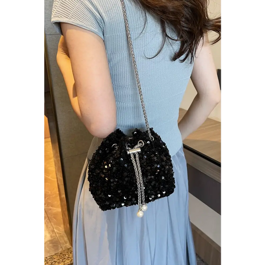 Sequin Chain Drawstring Bucket Bag - CM Fashion